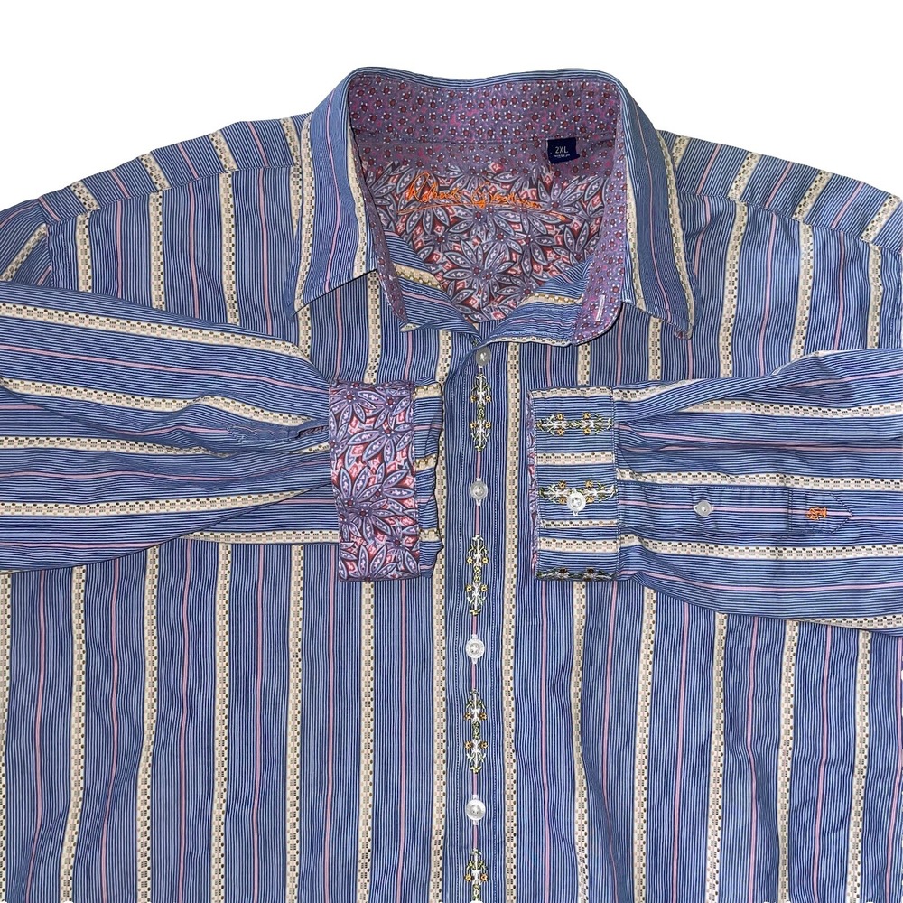 Robert Graham Shirt Mens 2XL Striped Embroidered Long sleeve button up Flip Cuff